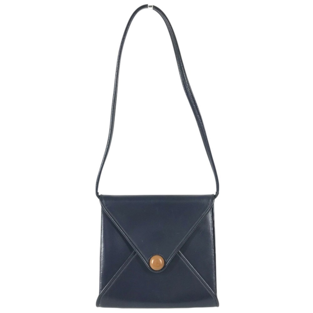 HERMES Vintage Wood Button Tote Bag Shoulder Leather Men's Women's Navy